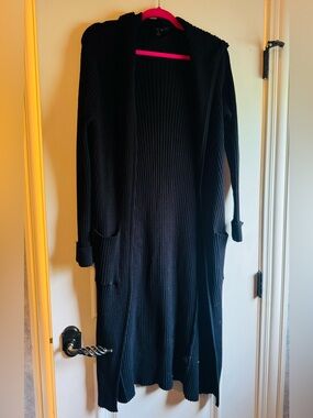 Black Ribbed Long-Sleeve Open Cardigan Dress